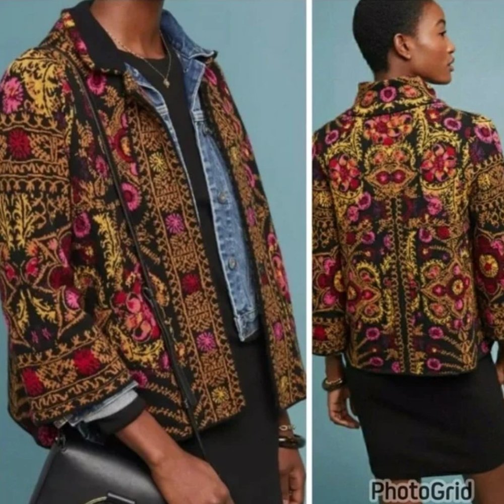 Anthropologie Moth Payton Floral Jacquard Jacket Sweater Fair Isle Black Gold S